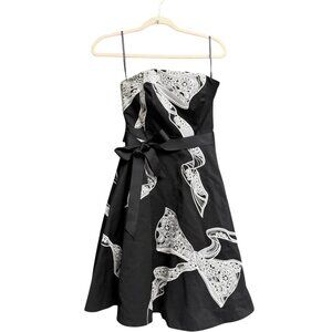 White House Black Market Strapless Dress Black & White Lace Embroidered Bow Tie